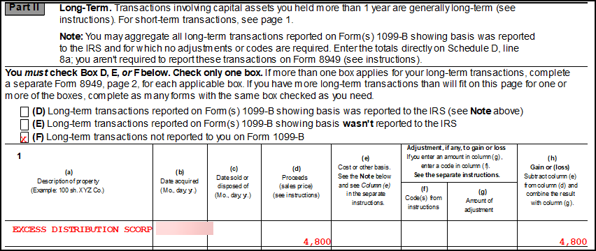 Image of Form 8949, part II showing excess distribution.